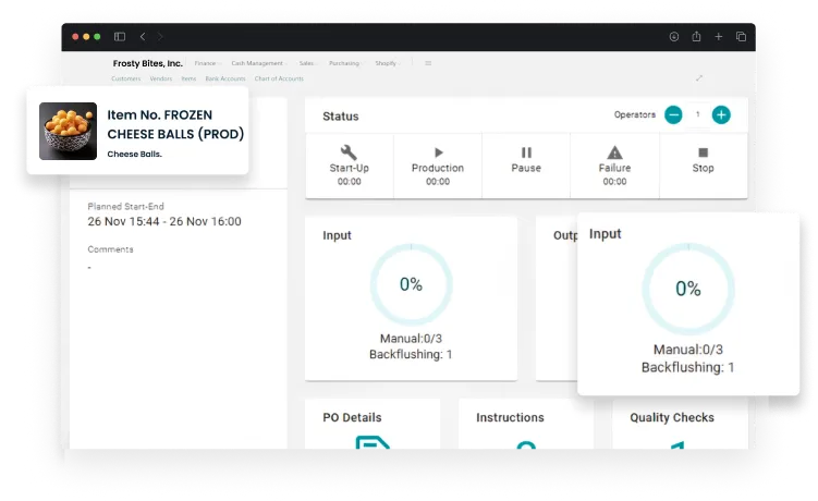 Dashboard screen of activities in Frozen Food Manufacturing