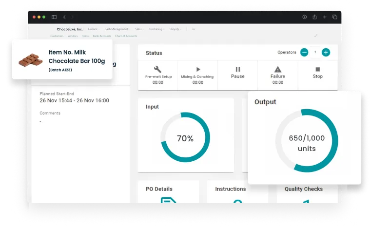 Dashboard screen of activities in Manufacturing