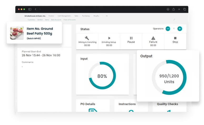 Dashboard screen of activities in meat processing