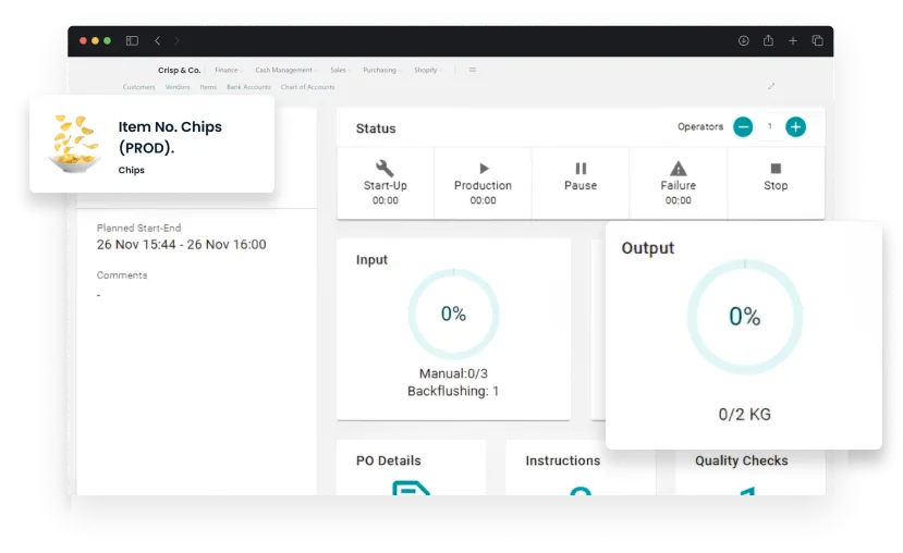 Dashboard screen of activities in Snacks Manufacturing