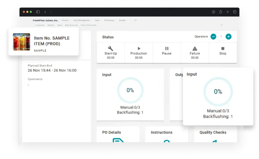 Dashboard screen of activities in Beverage Manufacturing