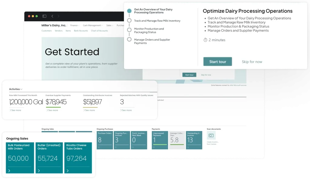 Dairy ERP software dashboard displaying real-time analytics for milk procurement and distribution