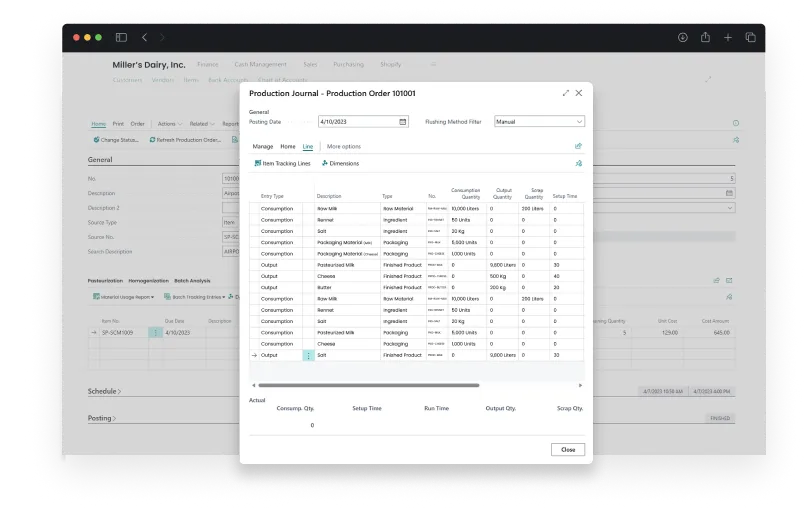 Dashboard screen of activities in Manufacturing & Processing