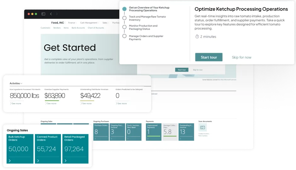 Dashboard interface of Food ERP software showcasing real-time supply chain data.