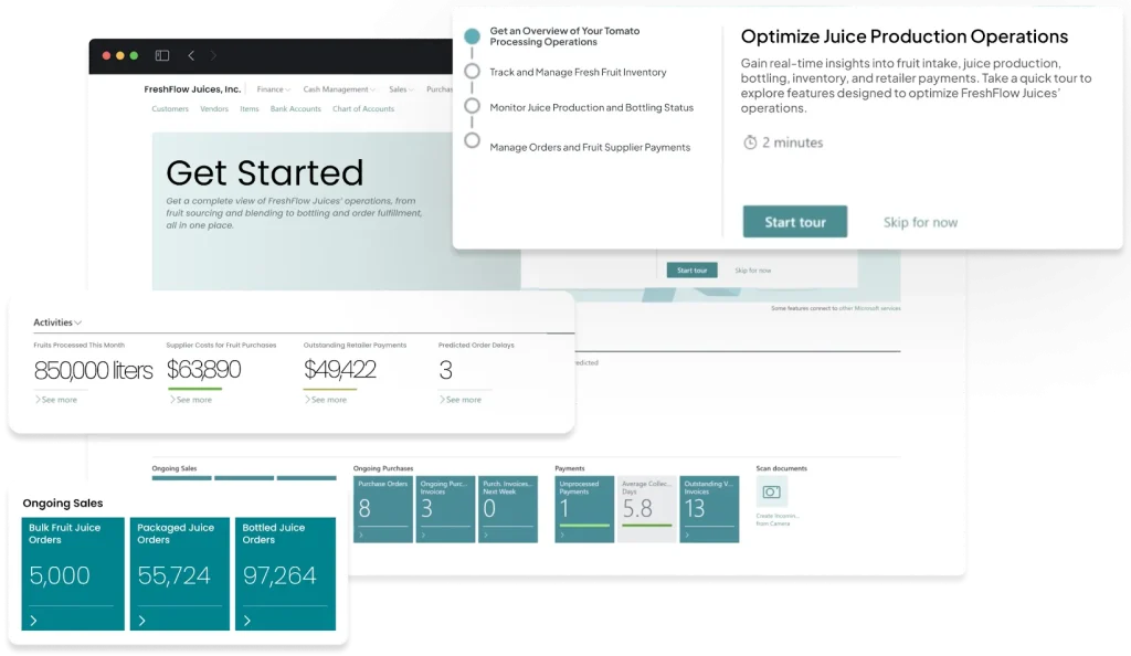 Dashboard interface of Beverage ERP software showcasing real-time production data