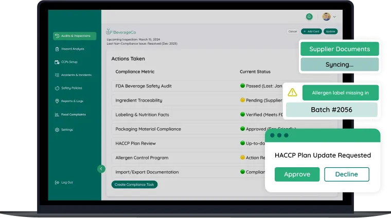 dashboard screen of food regulatory compliance