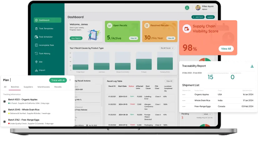 dashboard screen displaying how to track Lot & bactch with food traceability