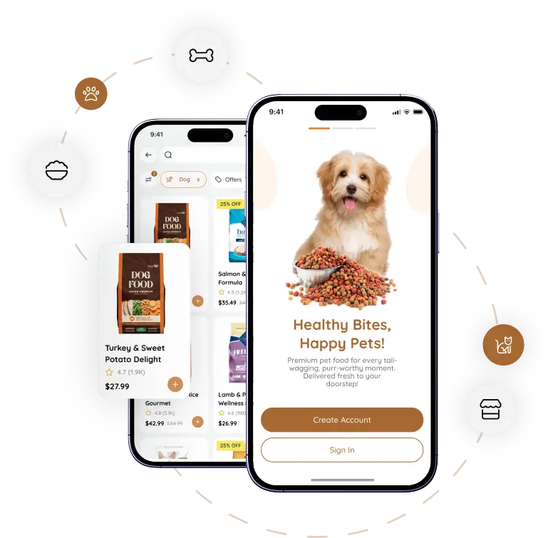 mobile screen showcasing on demand pet food delivery app