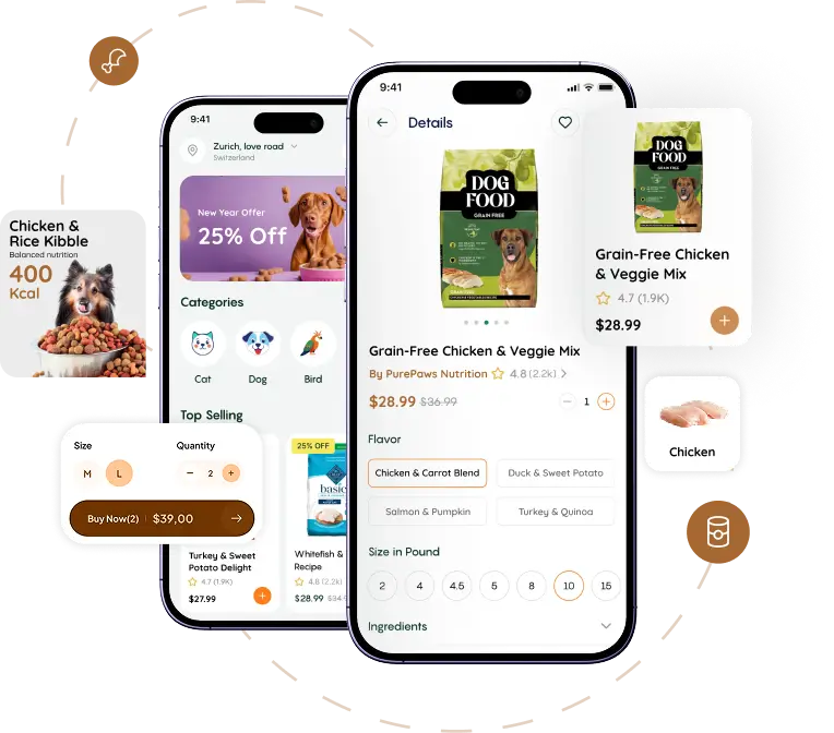 mobile screen showcasing how to manage operations in a pet food app