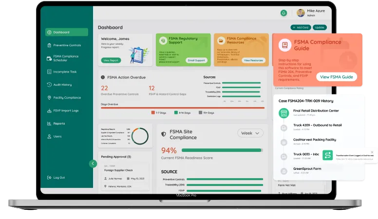 dashboard screen of FSMA compliance software
