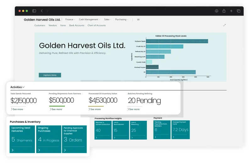 dashboard screen of edible oil erp software