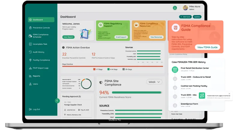 dashboard screen of FSMA 204 compliance software